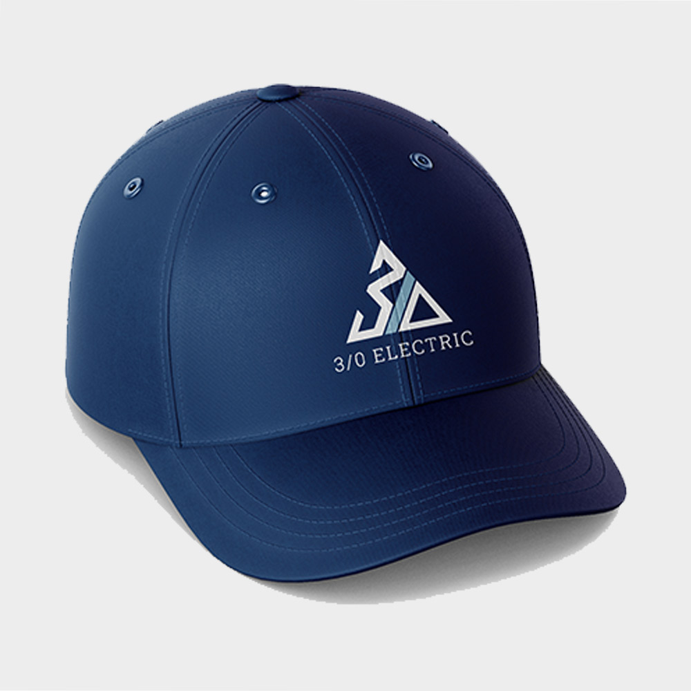 Navy ballcap design with a white and light blue logo variation.