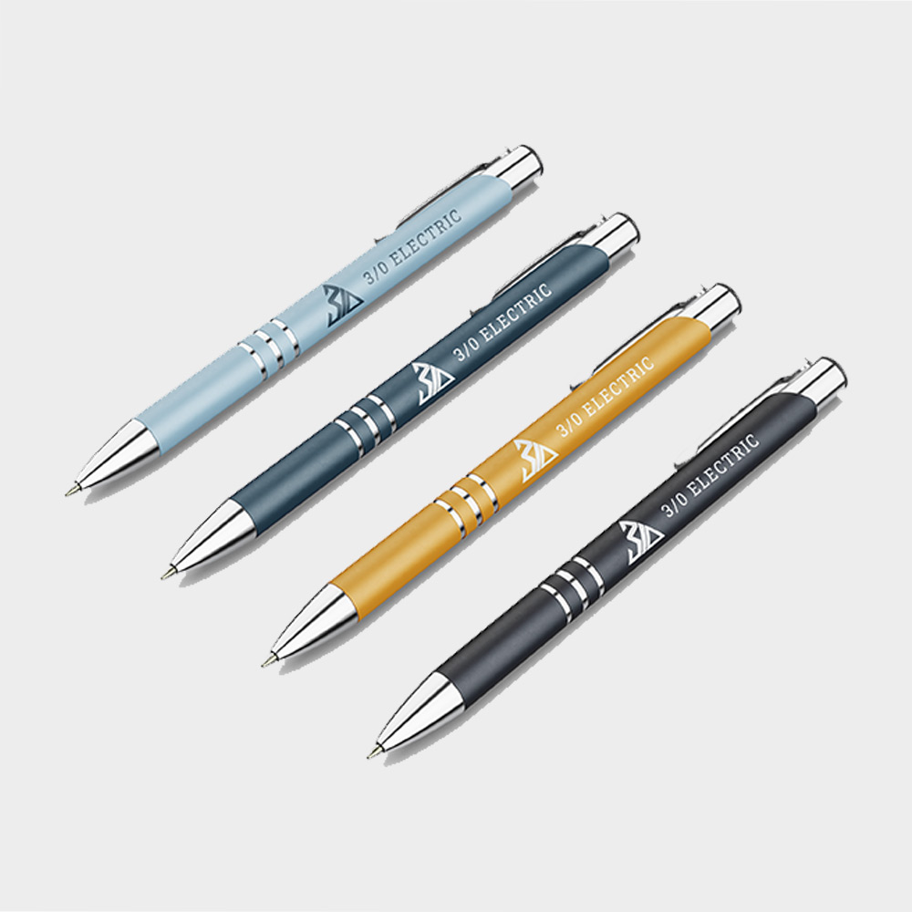 3/0 Electric Pen designs. Pens are gold, light blue, navy and black with a white logo.